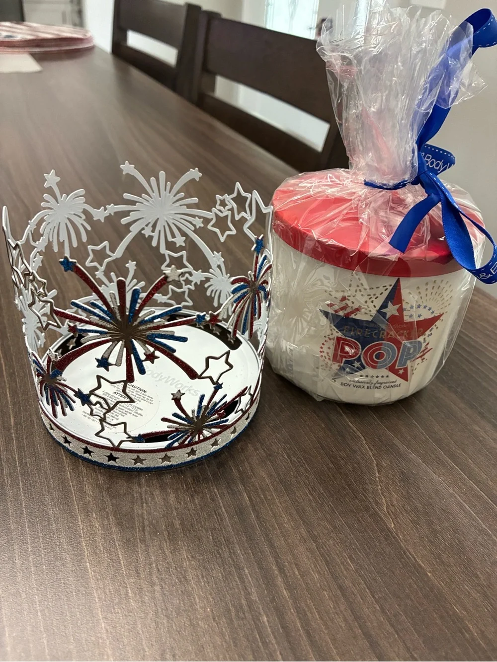 Bath & Body Works Red, Blue & Silver Patriotic Fireworks Candle and holder